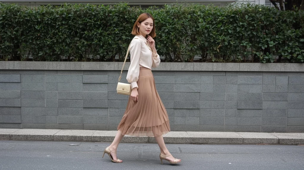 フェミニンなスカートとブラウスを着た女性の画像