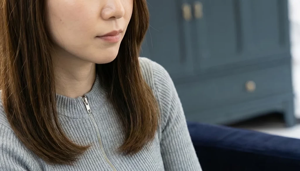 グレーの長そでを着てソファーに座る女性